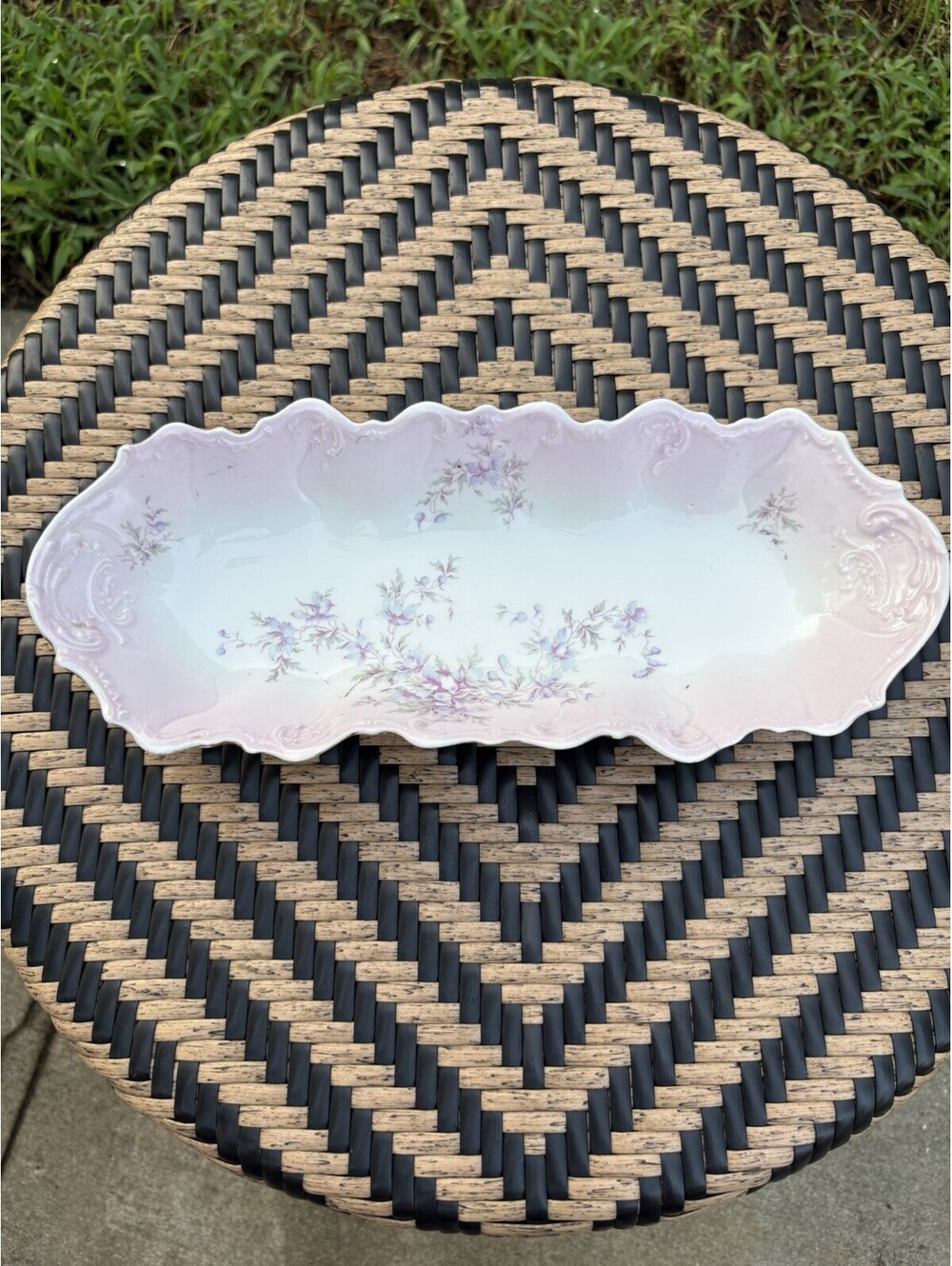 Austria Porcelain Oval Serving Tray, Pink/White/Purple Floral, Glossy, 13 in